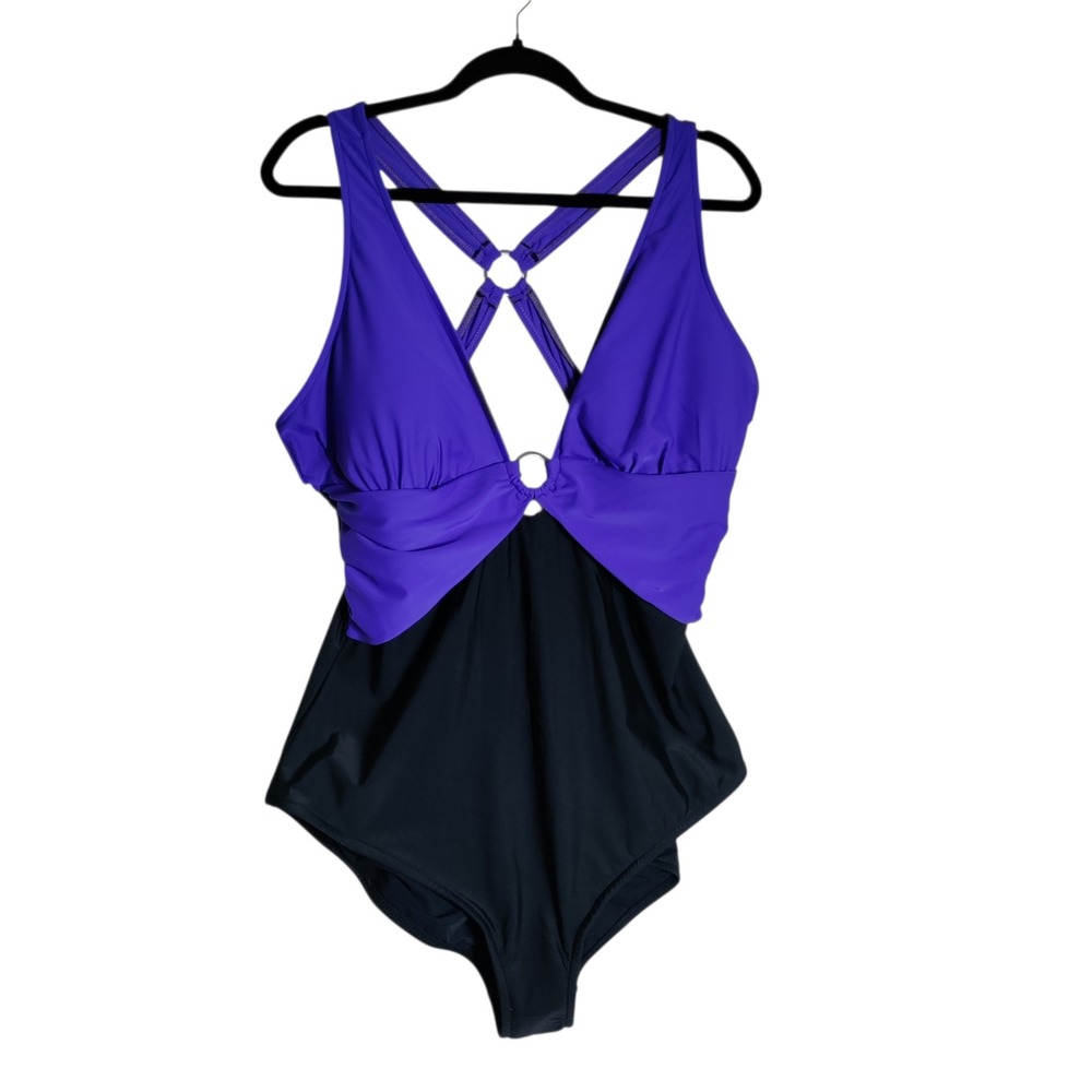Venus Womens Purple Black Colorblock Ring One‎ Piece Swimsuit Plus Size 24
